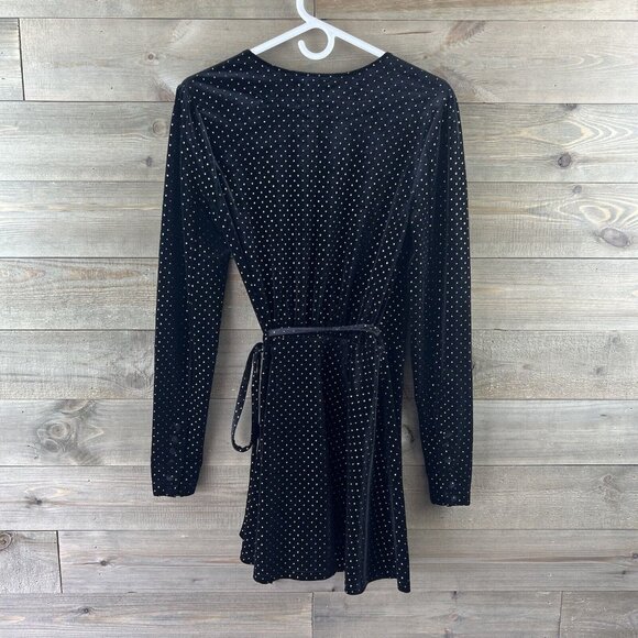 Privacy Please Womens Dress Wrap Long Sleeve Revolve Black Velour Gold Dot Small - Picture 4 of 6